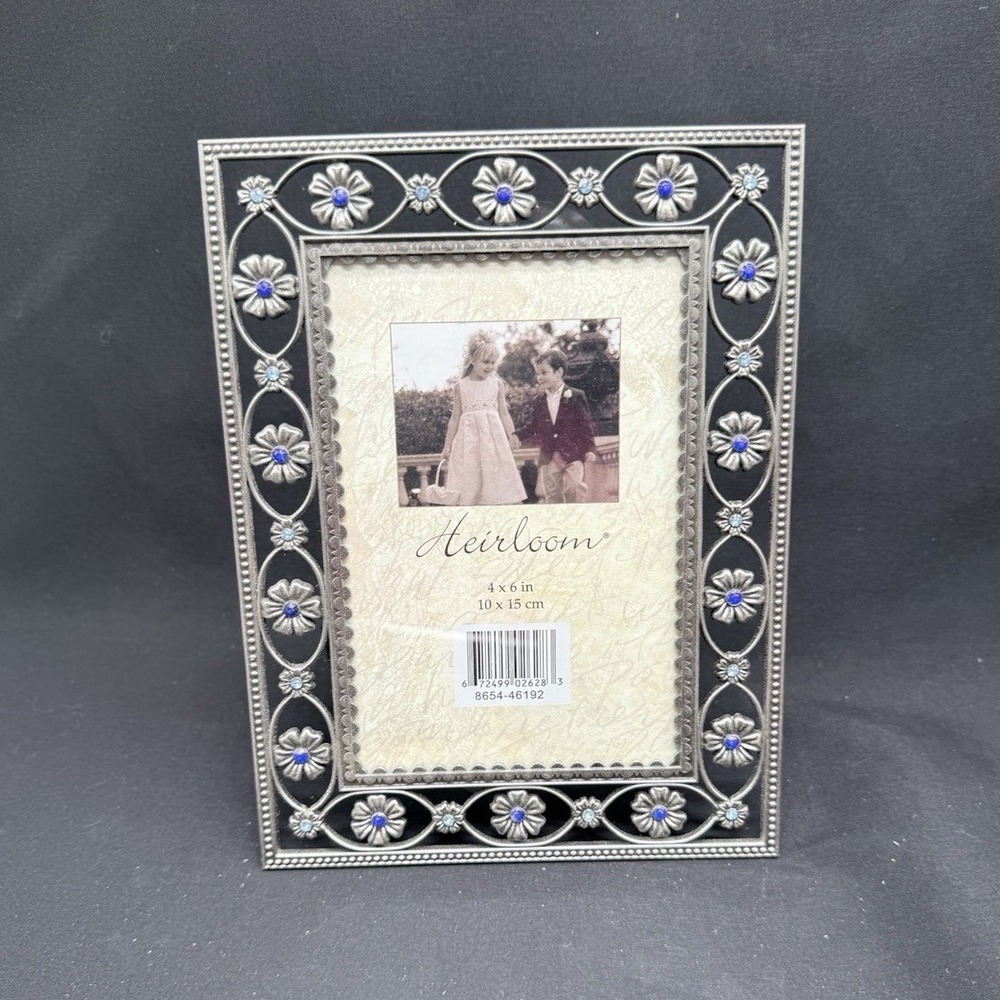 Heirloom 4x6 Picture Frame Pewter Tone Floral Rhinestone Blue 8654-46192